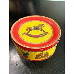 Vtg Cookie Tin- decorative 1989 - Sweetie Bear Bakery- antique toys red yellow